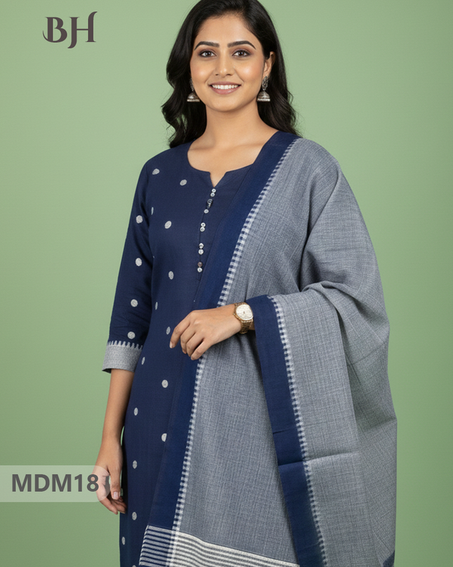 Mangalagiri Cotton 3PC Set with Full-Length Lining & Elastic Pocket Bottom – Blue