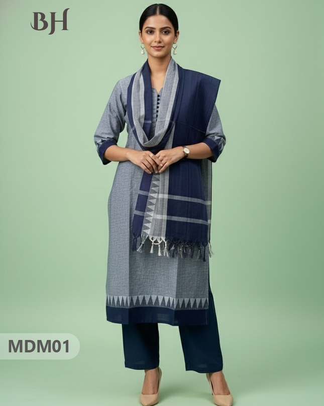 Mangalagiri Cotton 3PC Set with Full-Length Lining & Elastic Pocket Bottom – White & Blue Double Weave