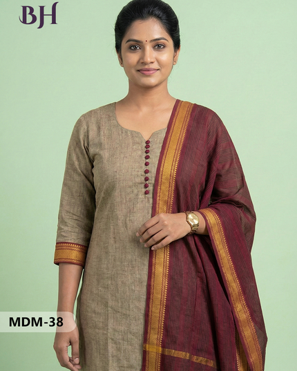Mangalagiri Cotton 3PC Set – Brown | Full-Length Lining | Handloom Ethnic Wear