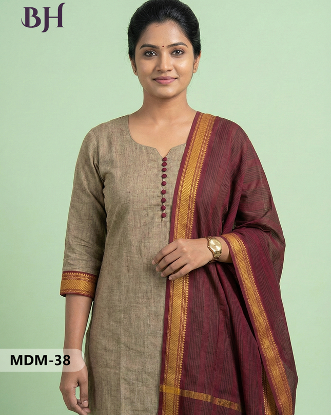 Mangalagiri Cotton 3PC Set – Brown | Full-Length Lining | Handloom Ethnic Wear