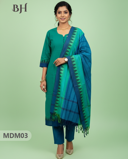 Mangalagiri Cotton 3PC Set with Full-Length Lining & Elastic Pocket Bottom – Teal & Blue Double Weave