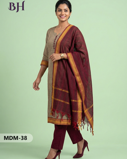Mangalagiri Cotton 3PC Set – Brown | Full-Length Lining | Handloom Ethnic Wear
