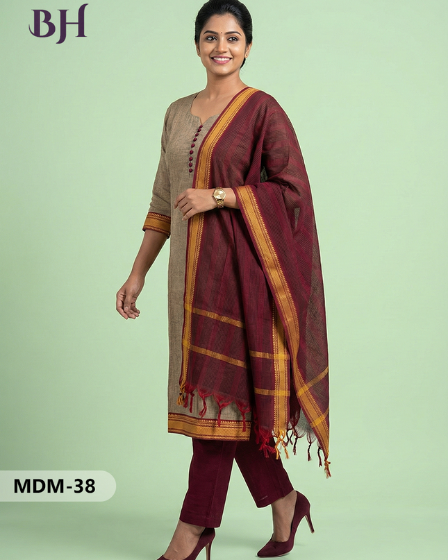 Mangalagiri Cotton 3PC Set – Brown | Full-Length Lining | Handloom Ethnic Wear