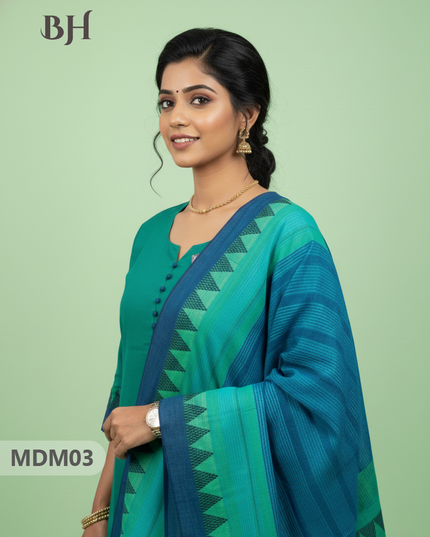 Mangalagiri Cotton 3PC Set with Full-Length Lining & Elastic Pocket Bottom – Teal & Blue Double Weave