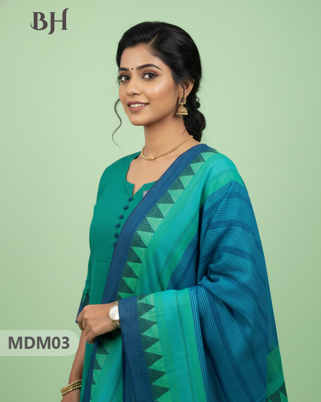 Mangalagiri Cotton 3PC Set with Full-Length Lining & Elastic Pocket Bottom – Teal & Blue Double Weave