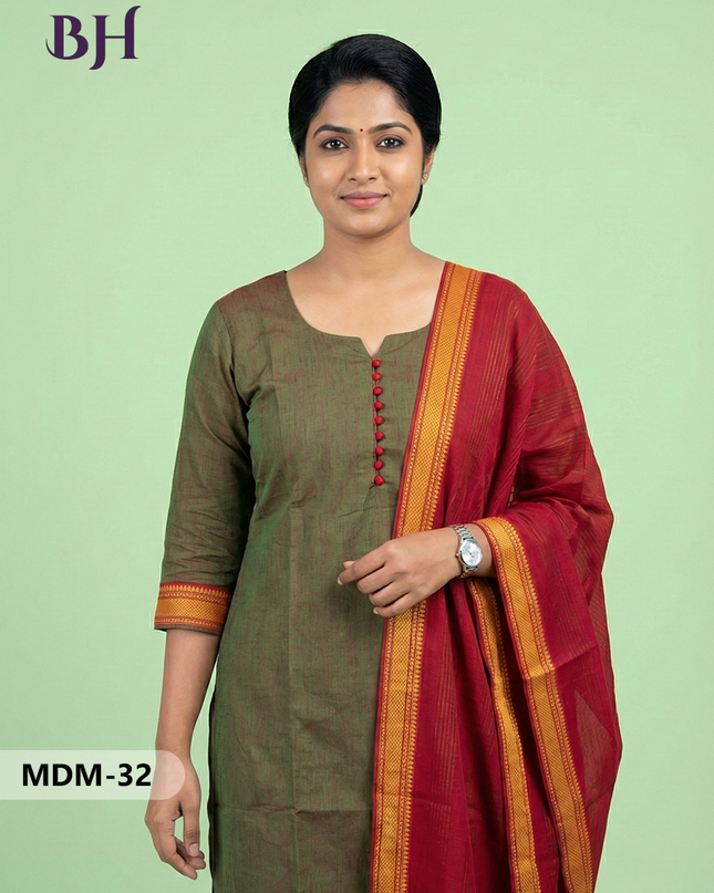 Mangalagiri Cotton 3PC Set – Lisbon Brown | Full-Length Lining | Handloom Ethnic Wear