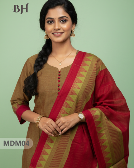 Mangalagiri Cotton 3PC Set with Full-Length Lining & Elastic Pocket Bottom – Brown & Red Double Weave