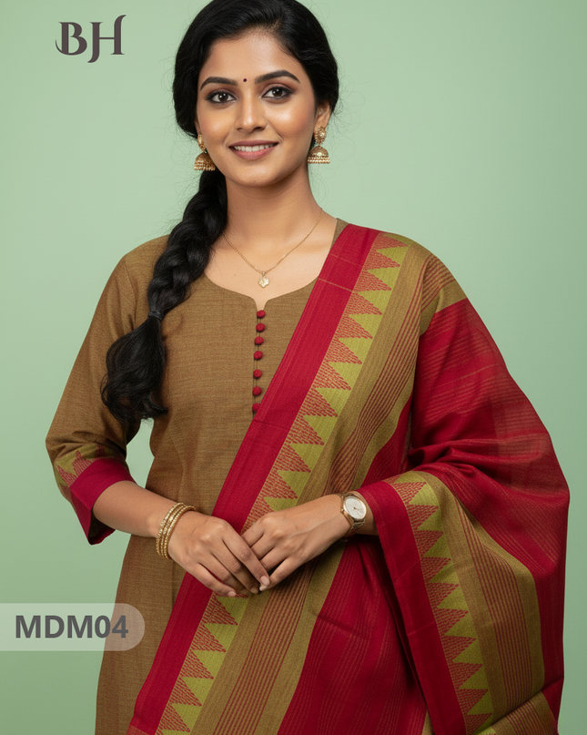Mangalagiri Cotton 3PC Set with Full-Length Lining & Elastic Pocket Bottom – Brown & Red Double Weave