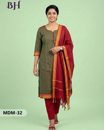 Mangalagiri Cotton 3PC Set – Lisbon Brown | Full-Length Lining | Handloom Ethnic Wear
