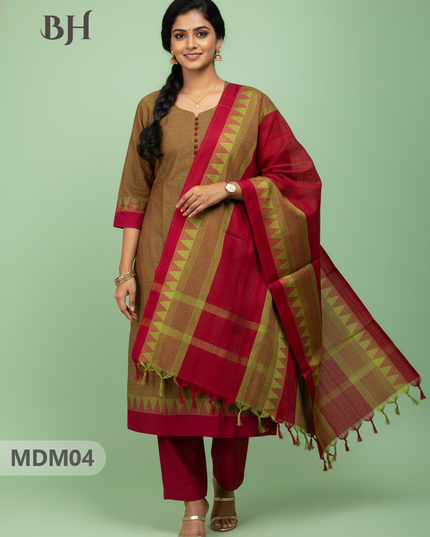Mangalagiri Cotton 3PC Set with Full-Length Lining & Elastic Pocket Bottom – Brown & Red Double Weave