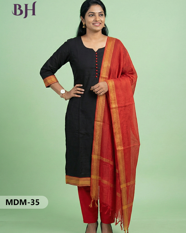 Mangalagiri Cotton 3PC Set – Black | Full-Length Lining | Handloom Ethnic Wear