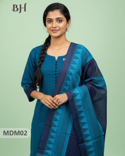 Mangalagiri Cotton 3PC Set with Full-Length Lining & Elastic Pocket Bottom – Rama Blue Colour