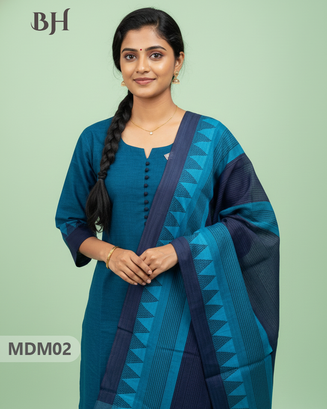 Mangalagiri Cotton 3PC Set with Full-Length Lining & Elastic Pocket Bottom – Rama Blue Colour