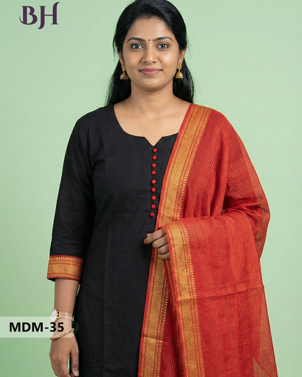Mangalagiri Cotton 3PC Set – Black | Full-Length Lining | Handloom Ethnic Wear