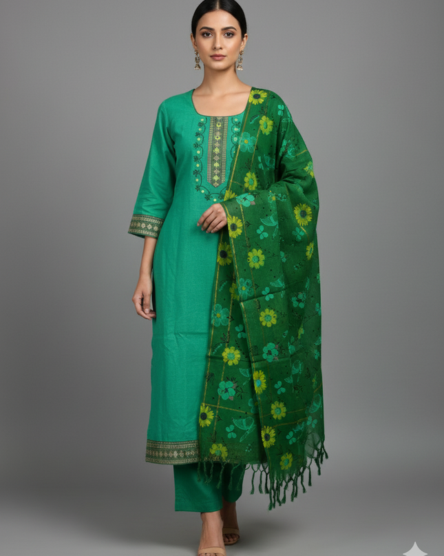 Woman wearing a green traditional outfit with a matching dupatta on a gray background