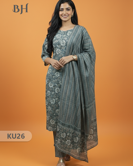 Mul Cotton 3pc Kurti Set Gray Colour | Ethnic Wear with Full Length Lining