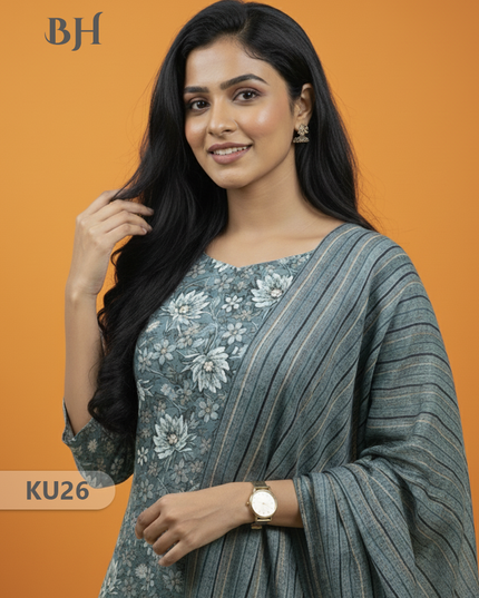 Mul Cotton 3pc Kurti Set Gray Colour | Ethnic Wear with Full Length Lining