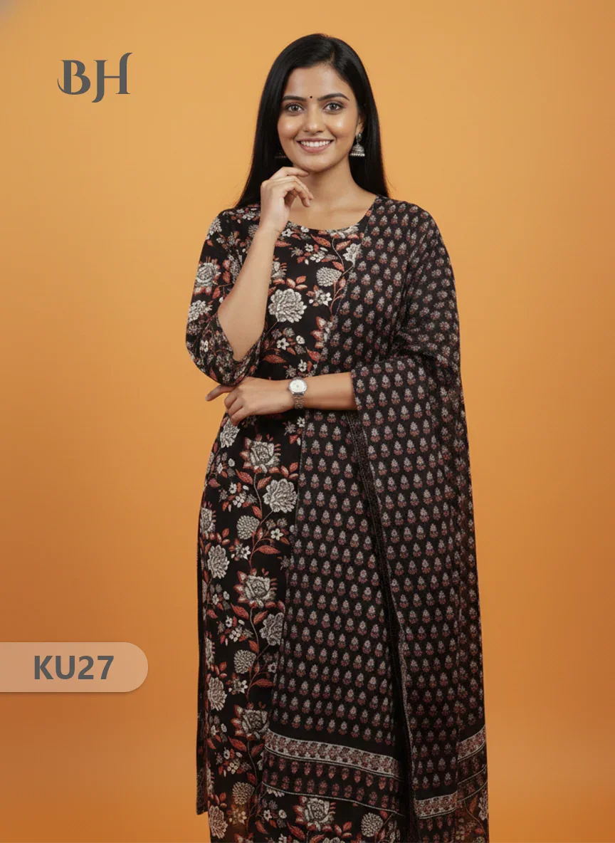 Mul Cotton 3pc Kurti Set Black Colour | Ethnic Wear with Full Length Lining