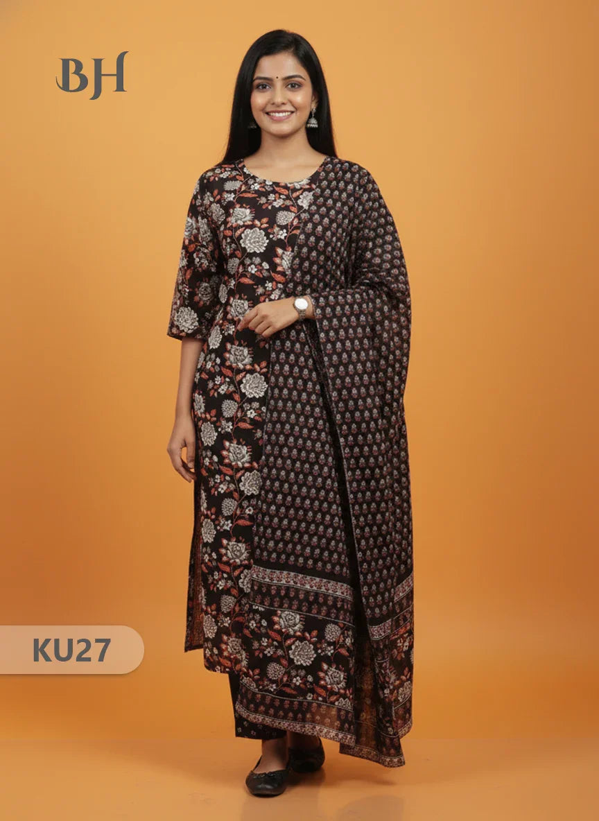Mul Cotton 3pc Kurti Set Black Colour | Ethnic Wear with Full Length Lining
