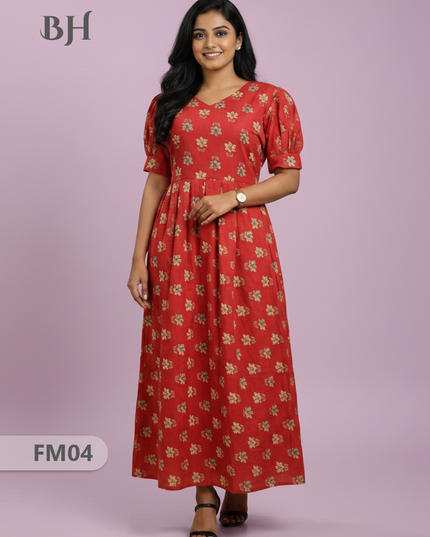 Premium Mul Cotton Frock Red – Puff Sleeve Design with Knots, Zero Shrinkage