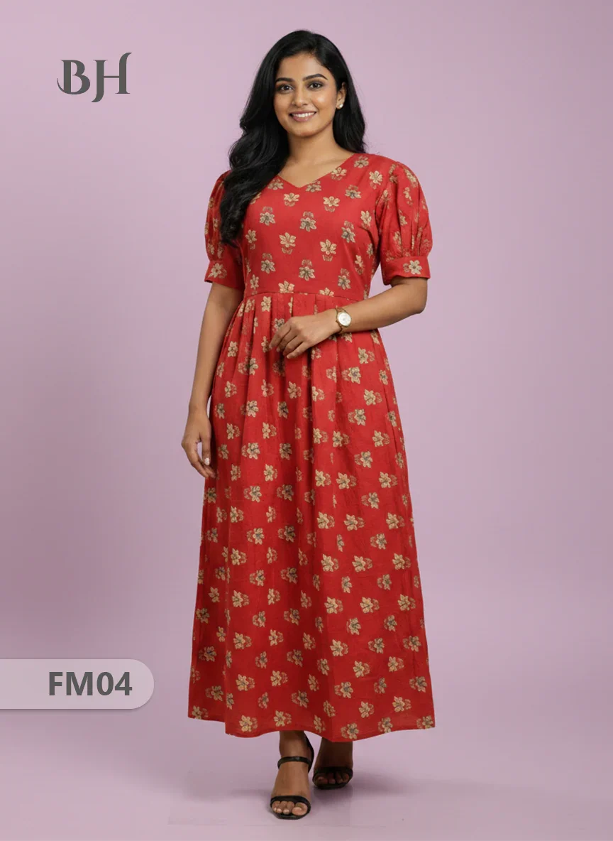 Premium Mul Cotton Frock Red – Puff Sleeve Design with Knots, Zero Shrinkage