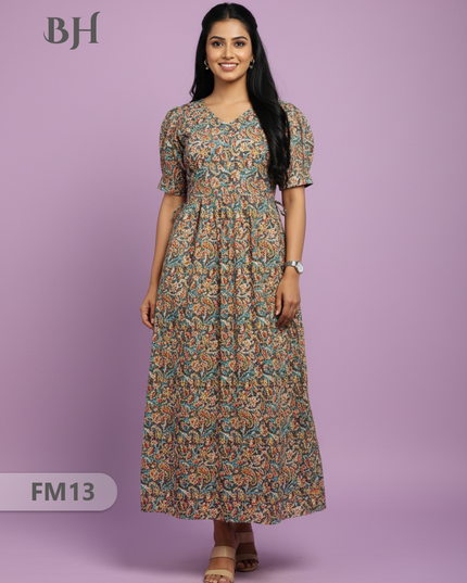 Premium Mul Cotton Frock Grey – Puff Sleeve Design with Knots, Zero Shrinkage