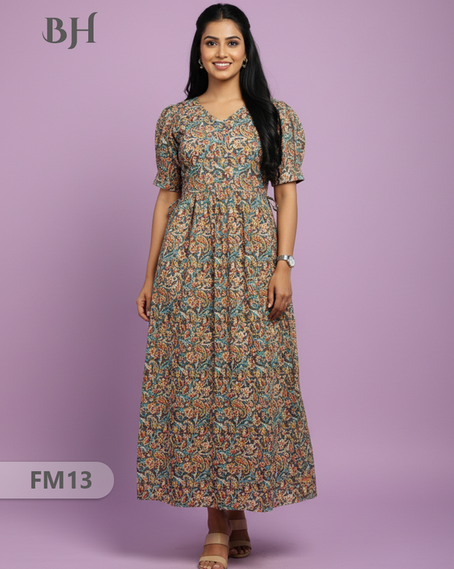 Premium Mul Cotton Frock Grey – Puff Sleeve Design with Knots, Zero Shrinkage