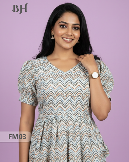 Premium Mul Cotton Frock Grey – Puff Sleeve Design with Knots, Zero Shrinkage