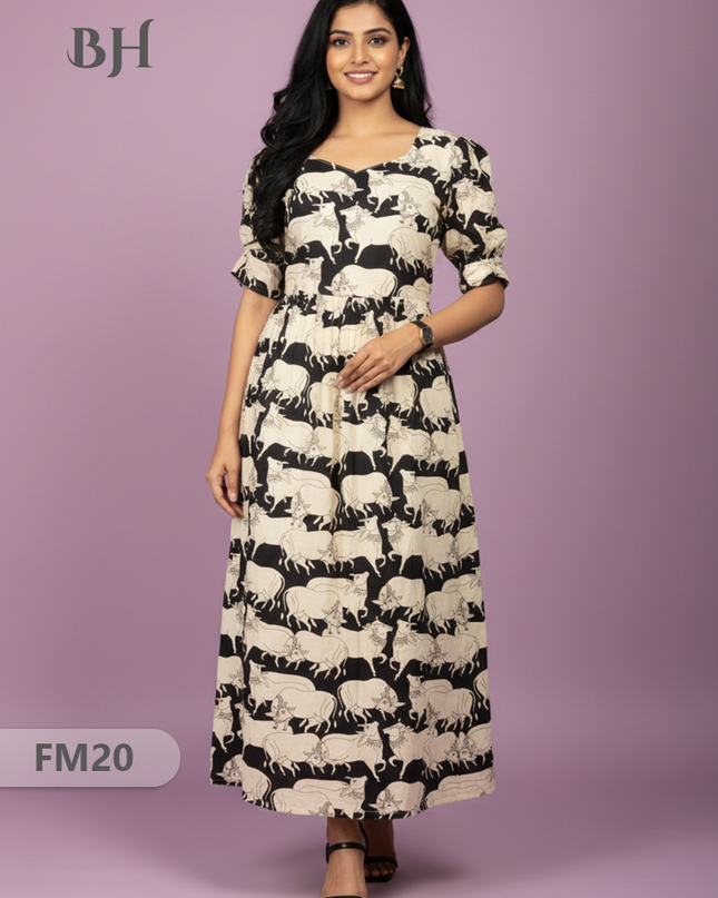 Premium Mul Cotton Frock Black – Puff Sleeve Design with Knots, Zero Shrinkage