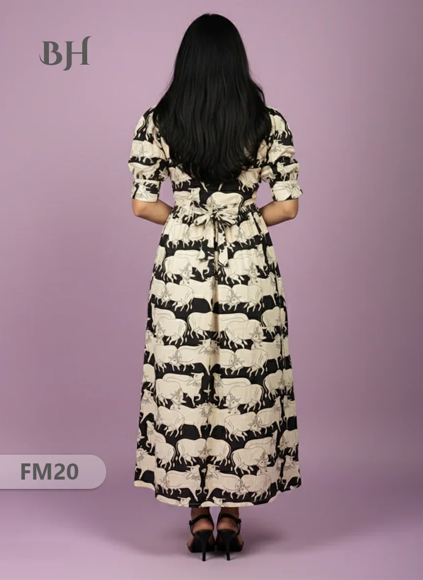 Premium Mul Cotton Frock Black – Puff Sleeve Design with Knots, Zero Shrinkage