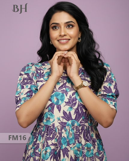 Mul Cotton Frock – Cream Colour, Puff Knot Sleeves, Comfortable & Zero Shrinkage