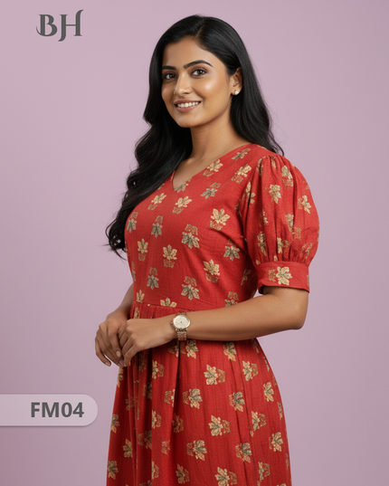 Premium Mul Cotton Frock Red – Puff Sleeve Design with Knots, Zero Shrinkage