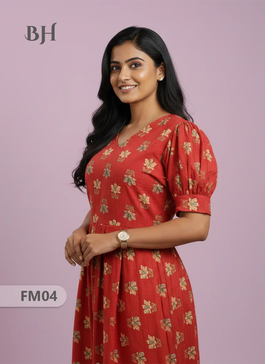 Premium Mul Cotton Frock Red – Puff Sleeve Design with Knots, Zero Shrinkage