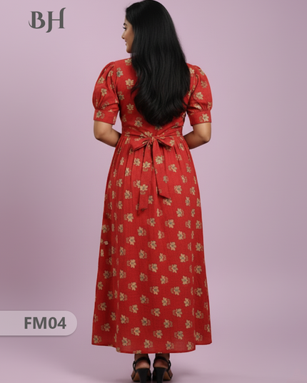 Premium Mul Cotton Frock Red – Puff Sleeve Design with Knots, Zero Shrinkage