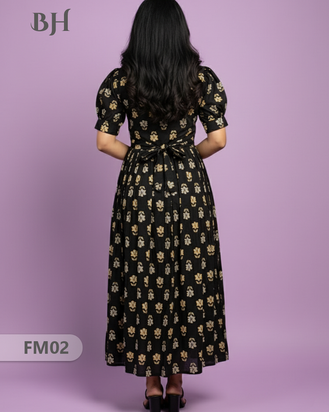 Premium Mul Cotton Frock Black – Puff Sleeve Design with Knots, Zero Shrinkage
