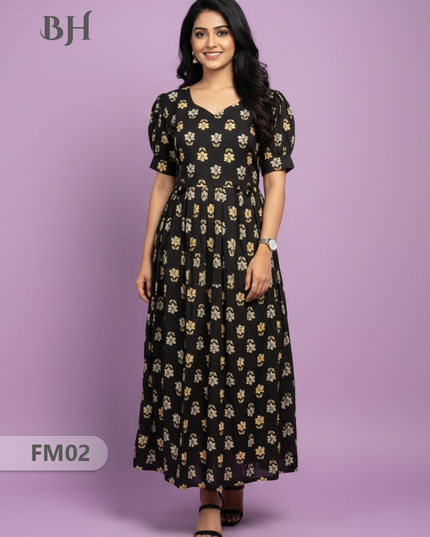 Premium Mul Cotton Frock Black – Puff Sleeve Design with Knots, Zero Shrinkage