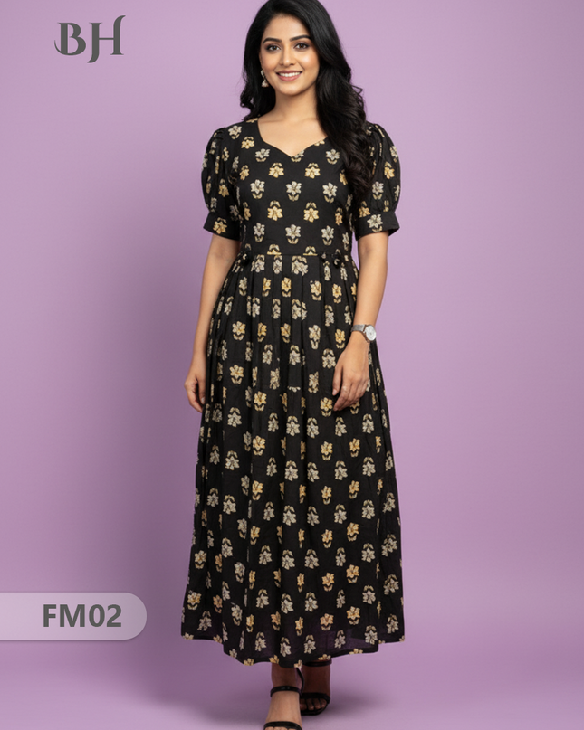 Premium Mul Cotton Frock Black – Puff Sleeve Design with Knots, Zero Shrinkage