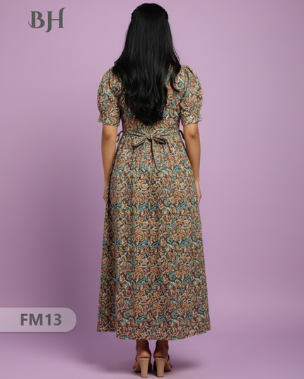 Premium Mul Cotton Frock Grey – Puff Sleeve Design with Knots, Zero Shrinkage