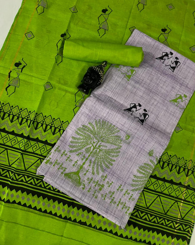 Pure Cotton Village Print Dress Material in Half White Colour | Ethnic Wear Fabric