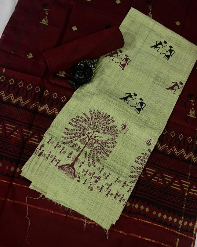 Pure Cotton Village Print Dress Material in Pastel Pista Green Colour | Ethnic Wear Fabric