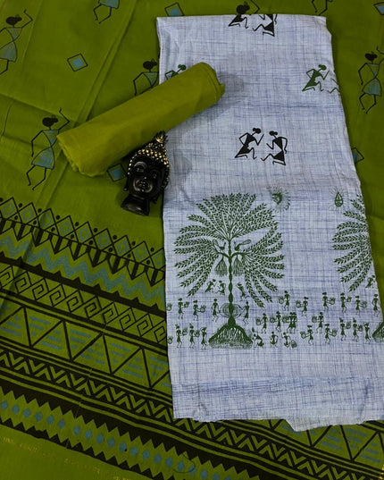 Pure Cotton Village Print Dress Material in White & Blue Colour | Ethnic Wear Fabric