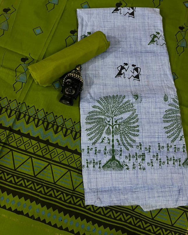 Pure Cotton Village Print Dress Material in White & Blue Colour | Ethnic Wear Fabric