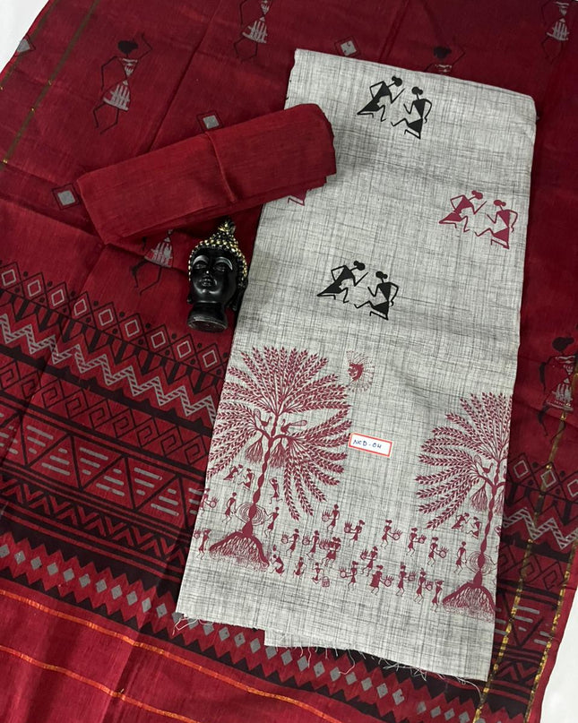 Pure Cotton Village Print Dress Material in Half White Colour | Ethnic Wear Fabric