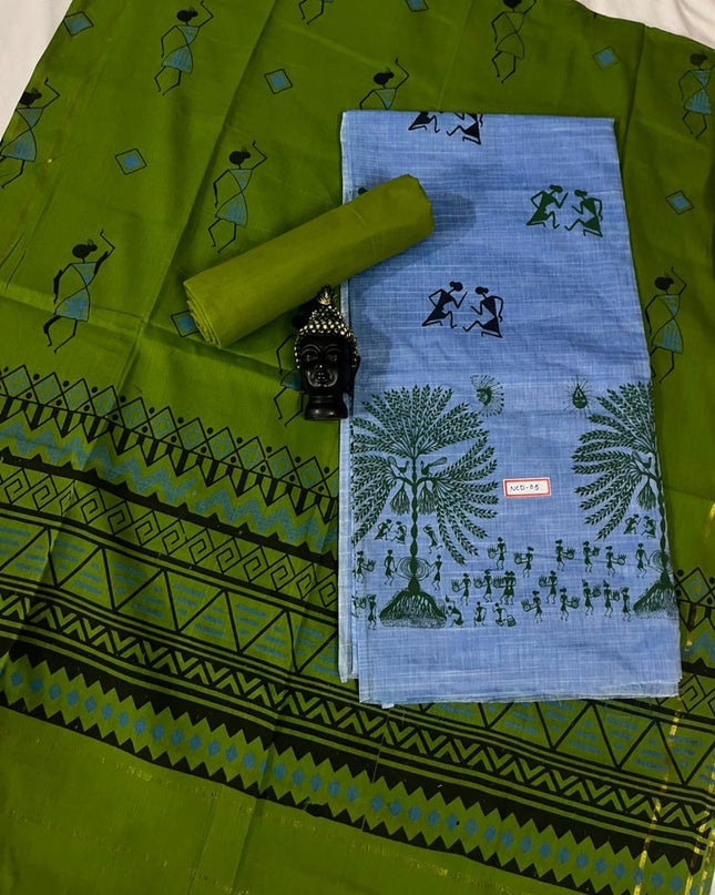 Pure Cotton Village Print Dress Material in Blue Colour | Ethnic Wear Fabric