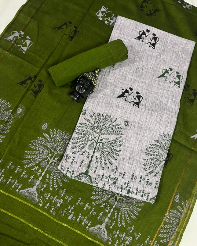 Pure Cotton Village Print Dress Material in Half White Colour | Ethnic Wear Fabric