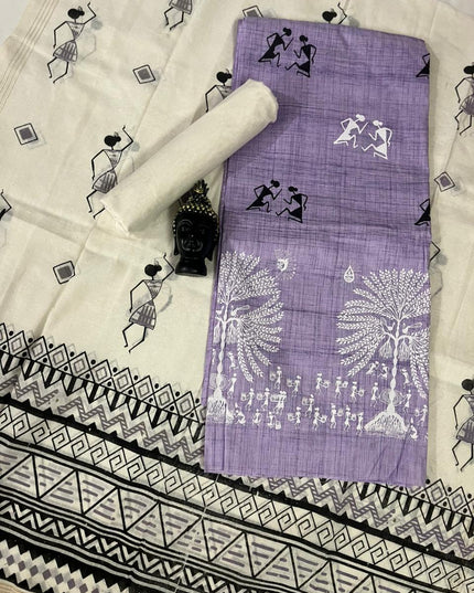 Pure Cotton Village Print Dress Material in Pastel Lavender Colour | Ethnic Wear Fabric
