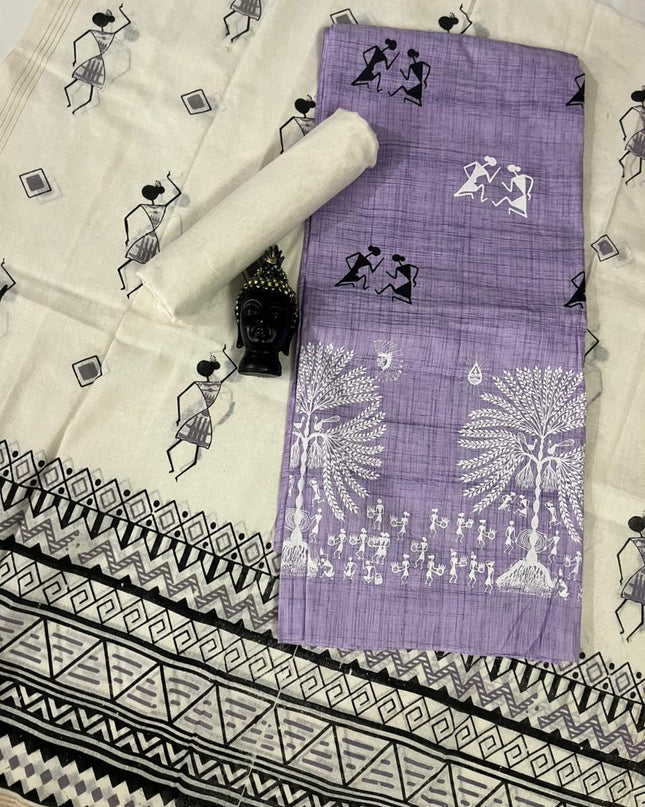 Pure Cotton Village Print Dress Material in Pastel Lavender Colour | Ethnic Wear Fabric