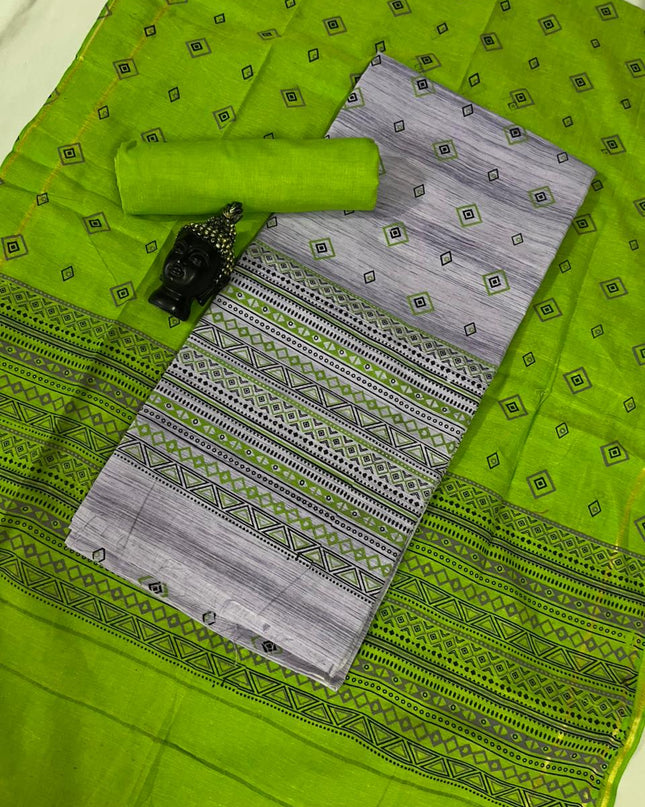Pure Cotton Print Dress Material in Gray Colour | Ethnic Wear Fabric