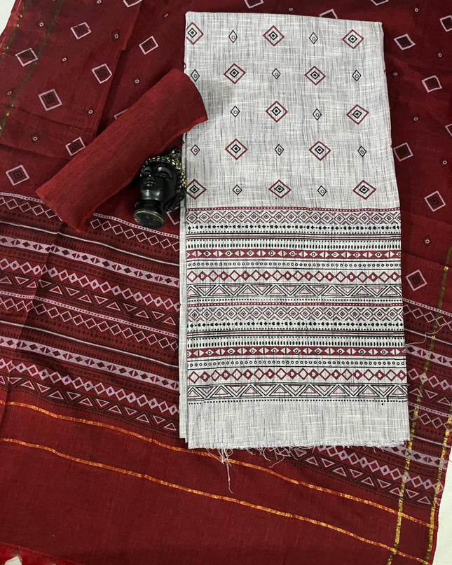 Pure Cotton Print Dress Material in Half White Colour | Ethnic Wear Fabric