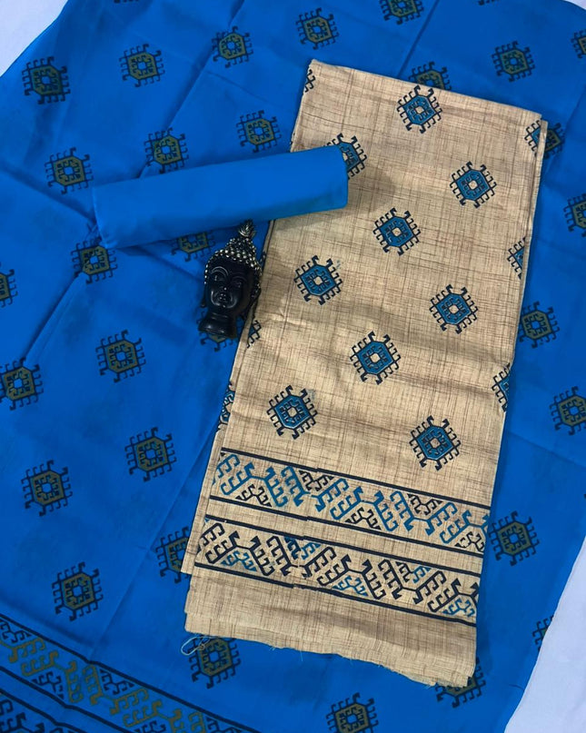 Pure Cotton Village Print Dress Material in Light Brown Colour | Ethnic Wear Fabric